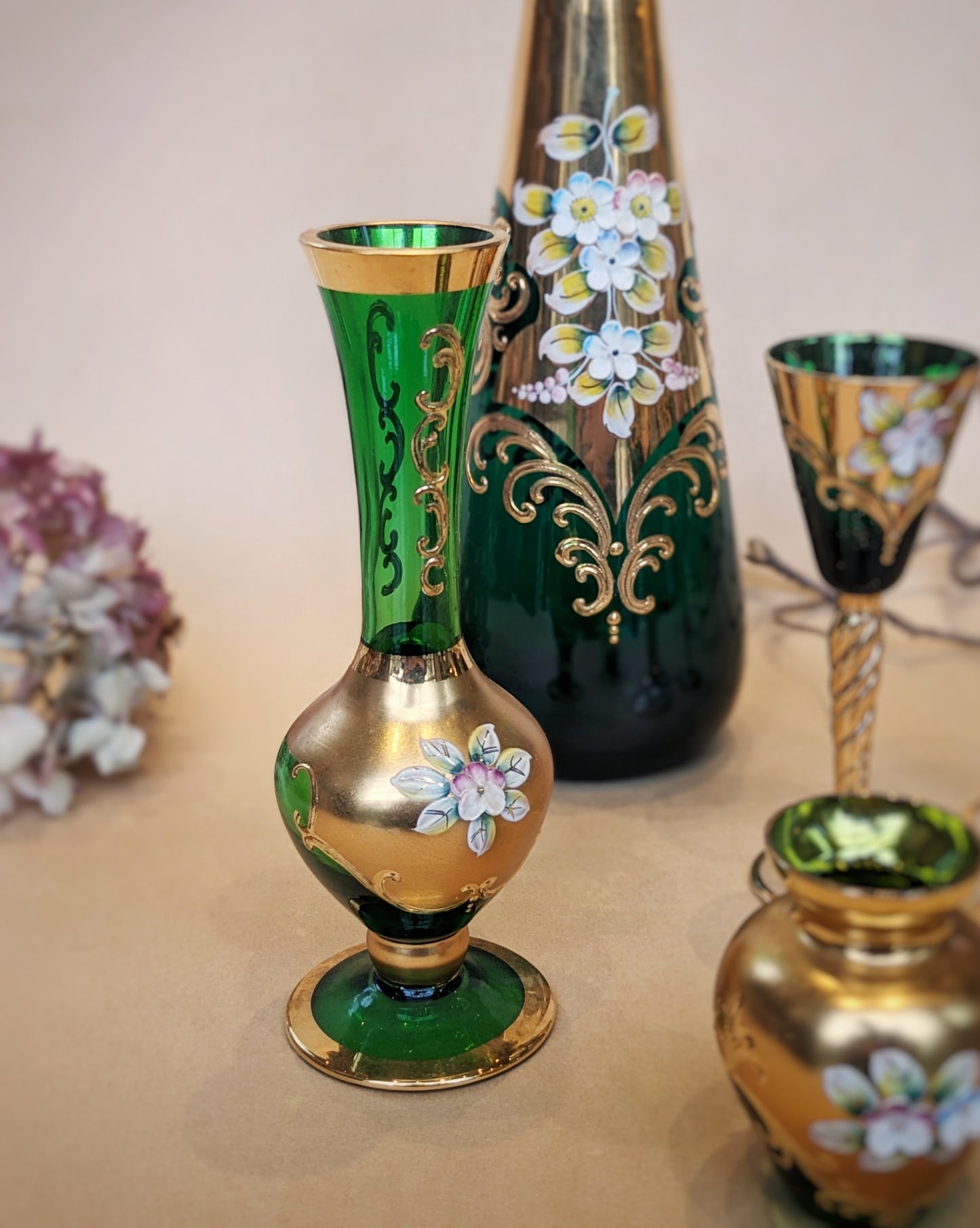 Bohemian Green Gilt Glass Decanter and Vase Set