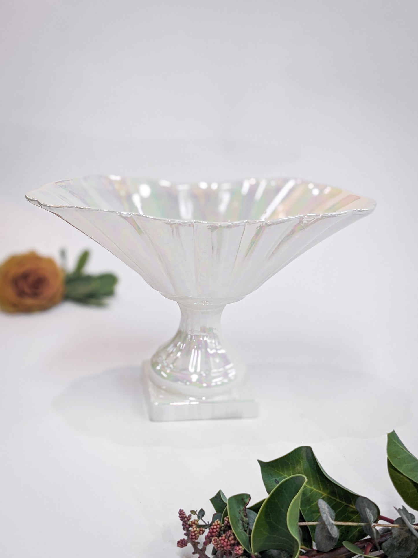 White Lustreware Pedestal Bowl