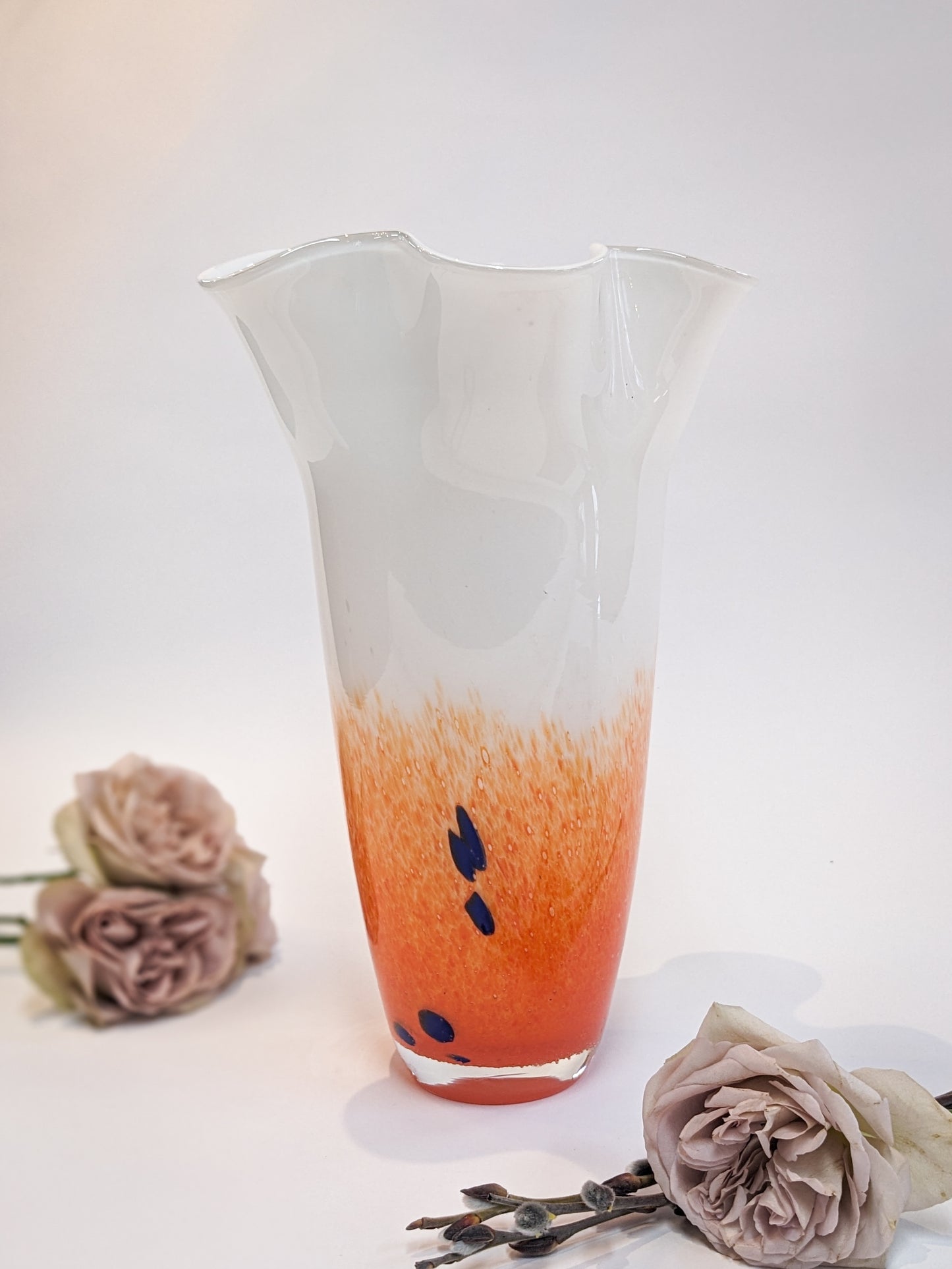 Orange & White Art Glass Ripple Vase