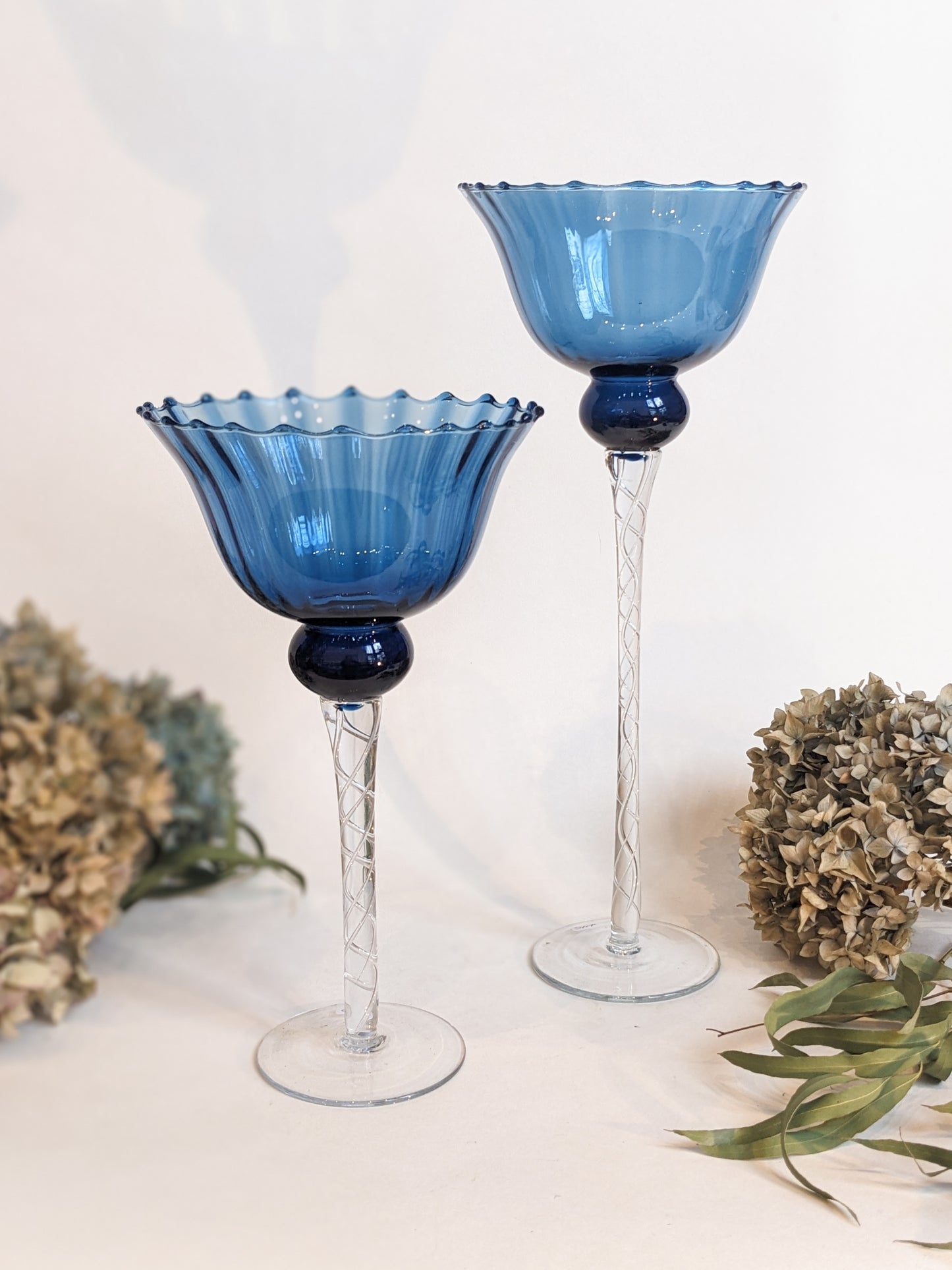 Blown Glass Blue Trumpet Vases