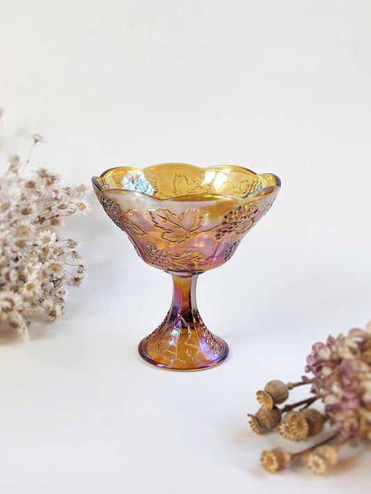 Vineyard Orange Carnival Glass Pedestal Bowl