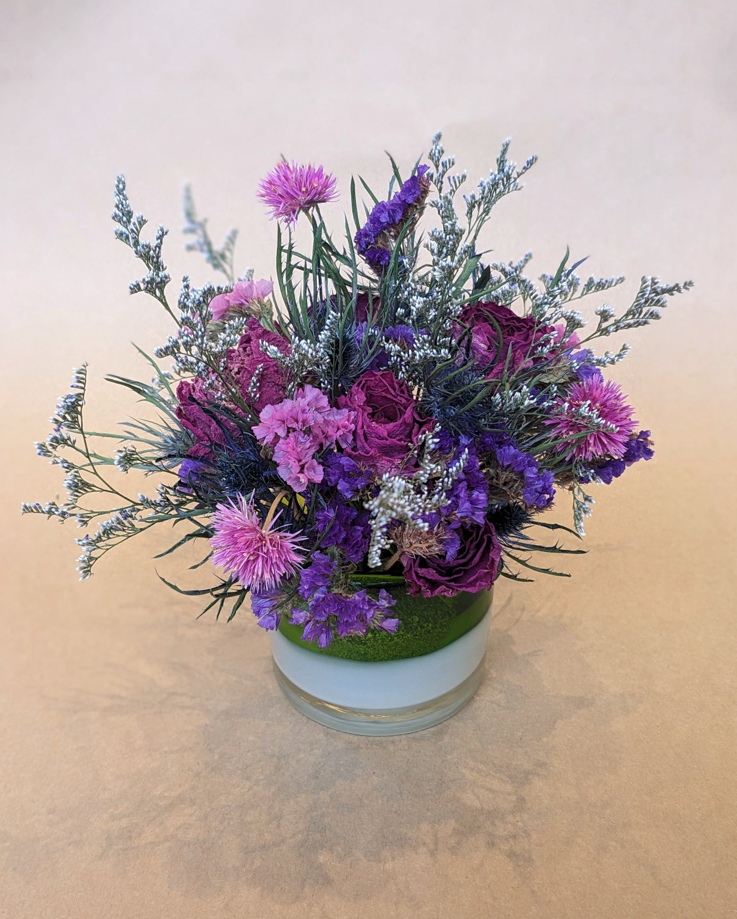 Dried Floral Arrangement in a Blown Glass Votive