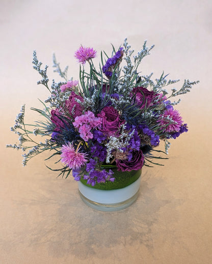 Dried Floral Arrangement in a Blown Glass Votive