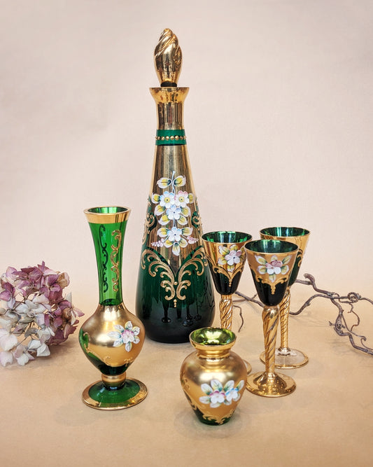 Bohemian Green Gilt Glass Decanter and Vase Set