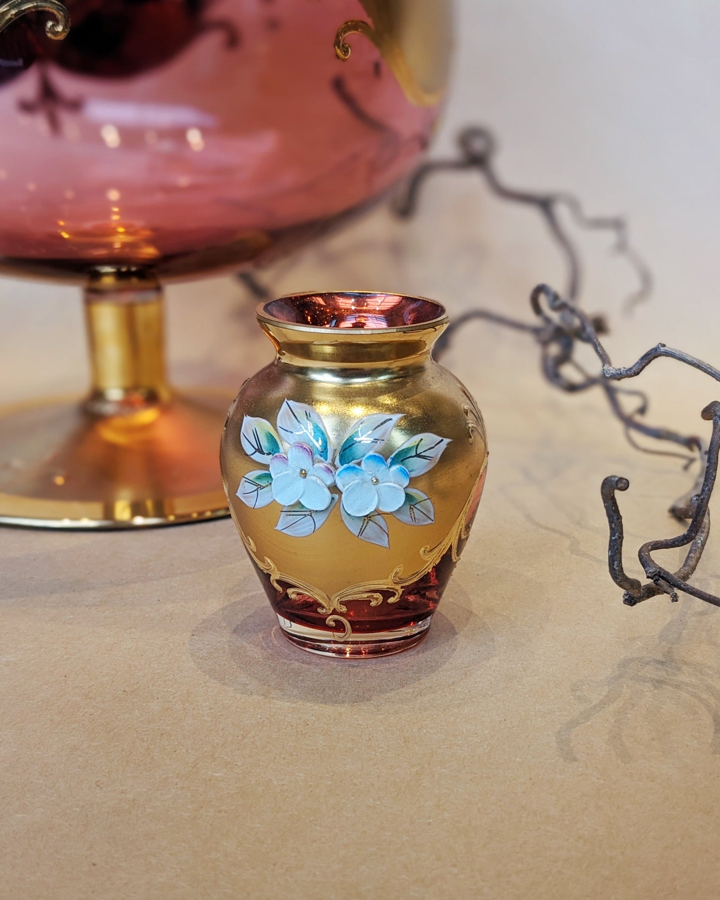 Bohemian Cranberry Gilt Glass Vase Set