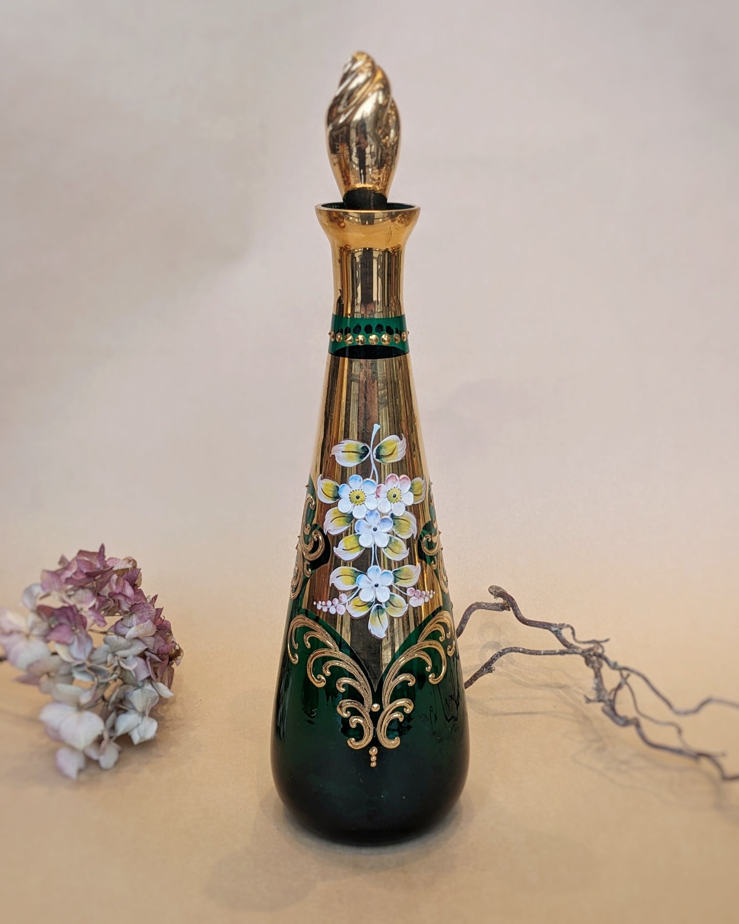 Bohemian Green Gilt Glass Decanter and Vase Set