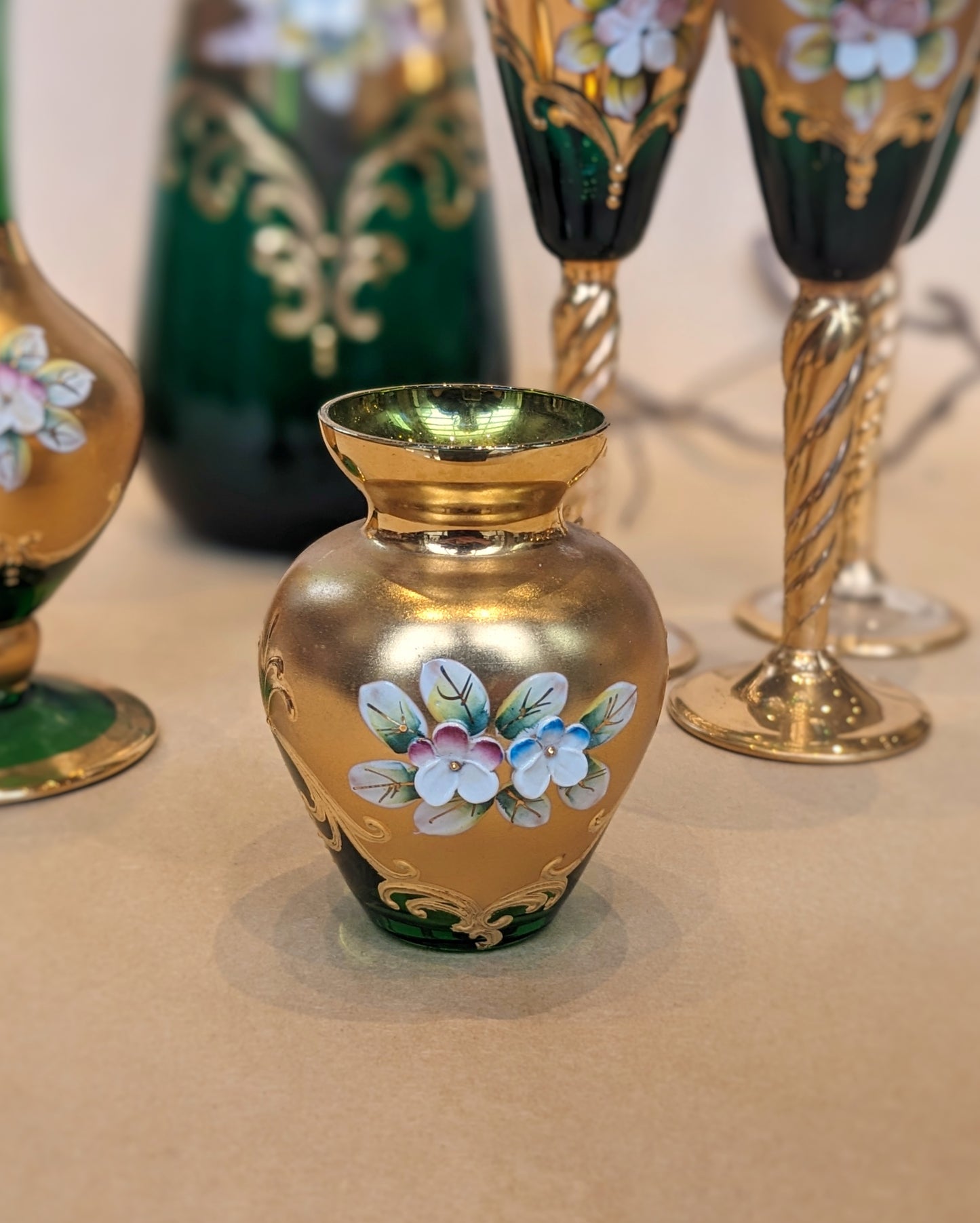 Bohemian Green Gilt Glass Decanter and Vase Set