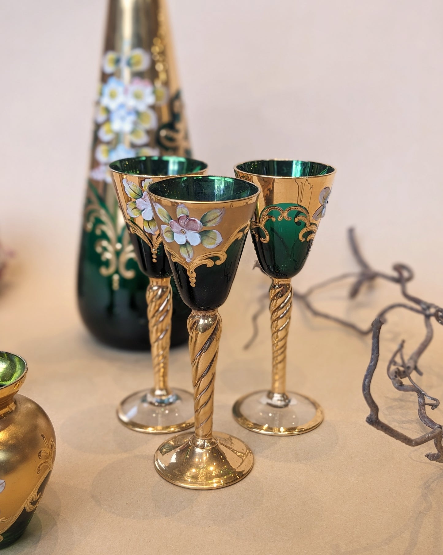 Bohemian Green Gilt Glass Decanter and Vase Set