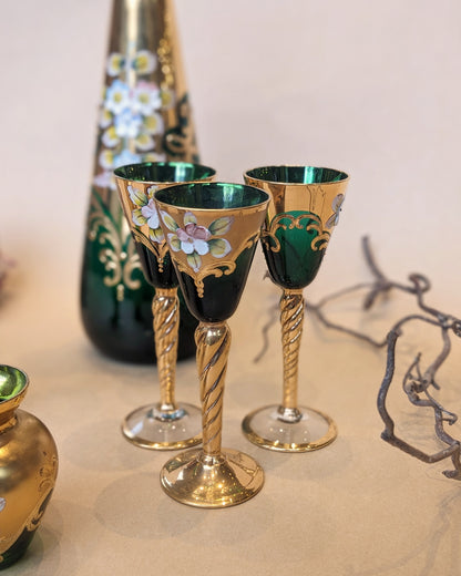 Bohemian Green Gilt Glass Decanter and Vase Set