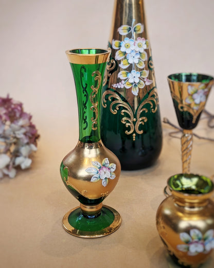 Bohemian Green Gilt Glass Decanter and Vase Set