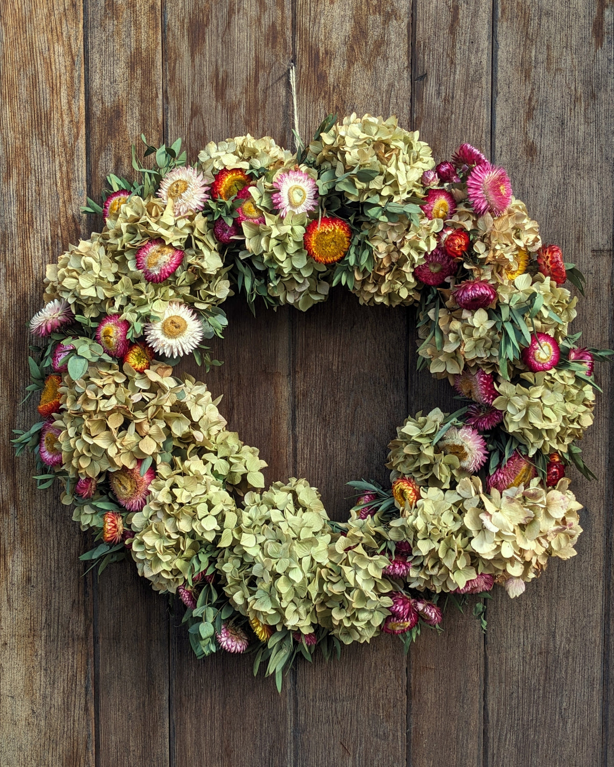 A Strawflower Hydrangea & Eucalyptus Wreath