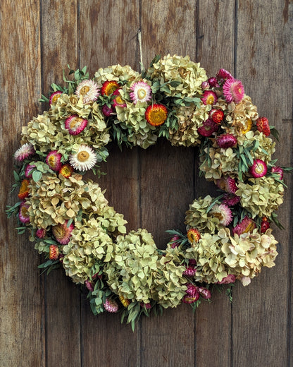 A Strawflower Hydrangea & Eucalyptus Wreath