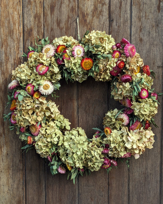 A Strawflower Hydrangea & Eucalyptus Wreath