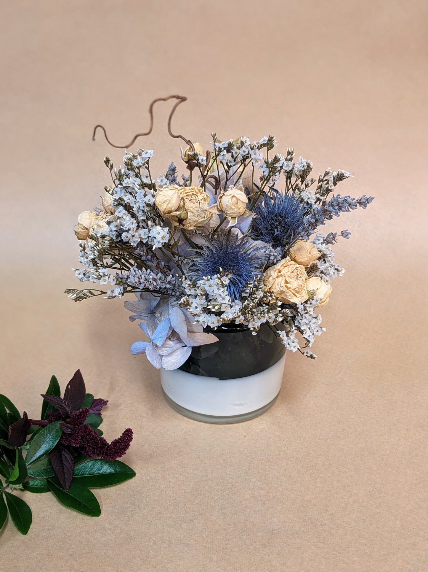 Dried Floral Arrangement in a Blown Glass Votive