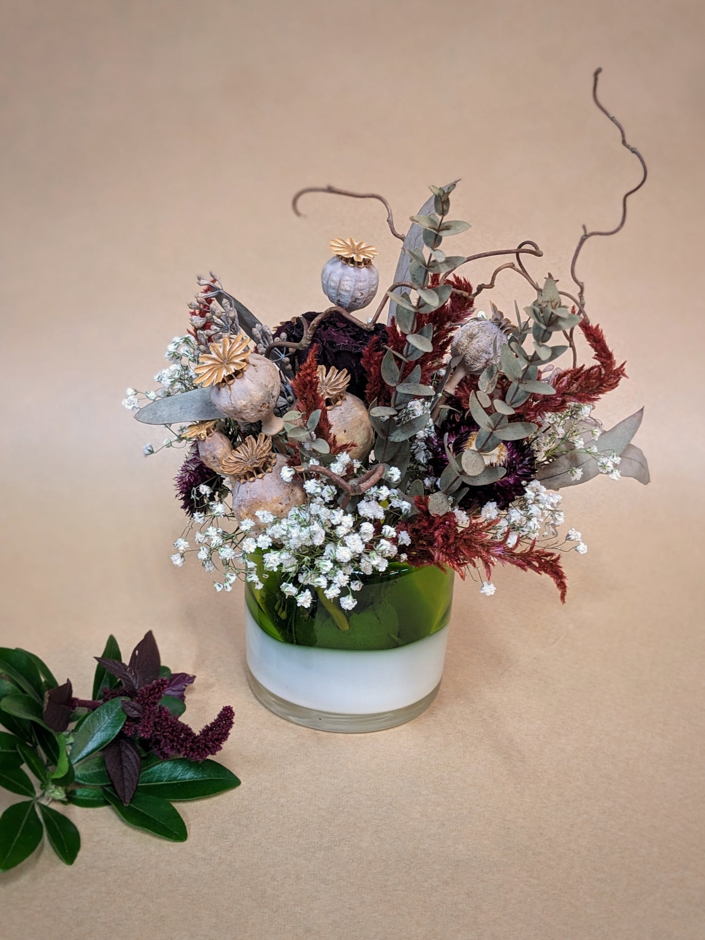 Dried Floral Arrangement in a Blown Glass Votive