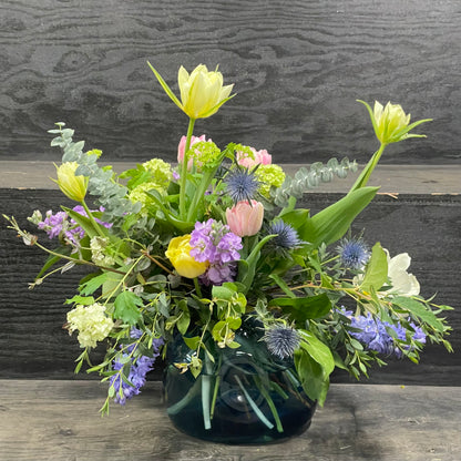 A Seasonal Display in Big Blue Rock Glass Vase Arrangement