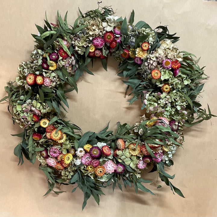 A Strawflower Hydrangea & Eucalyptus Wreath (4726573269073)