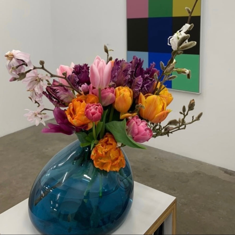 A Summer Display in Big Blue Rock Glass Vase Arrangement